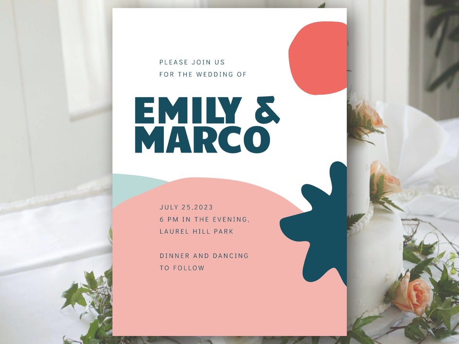 Graphical wedding invitation with pastel color scheme