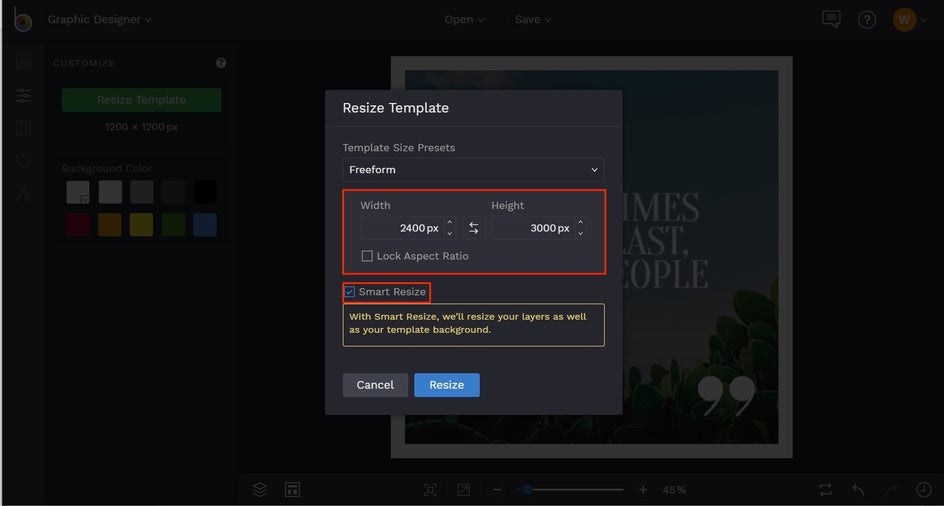 how to resize design templates in BeFunky