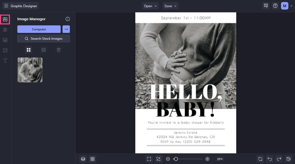 Adding your own photo to customizable baby shower invite template