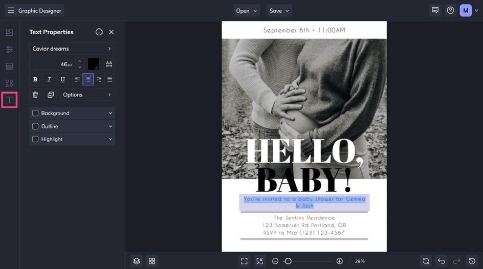 Adding your own text to baby shower invite template in BeFunky