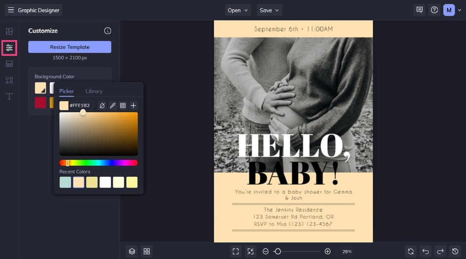 Changing the background color of baby shower invite template in BeFunky