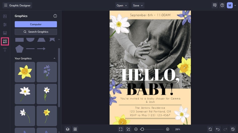 Adding floral graphics to baby shower invite template
