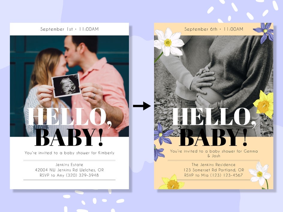 before and after editing baby shower invite template in BeFunky