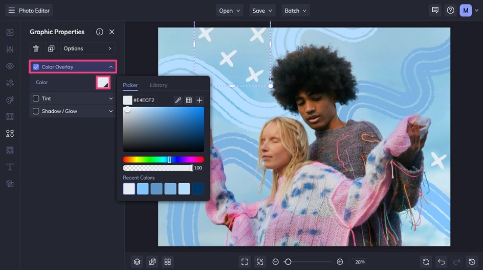 Changing color of graphic elements overlay on photo
