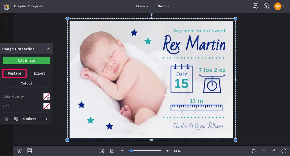 Add photos to birth announcement template in BeFunky 