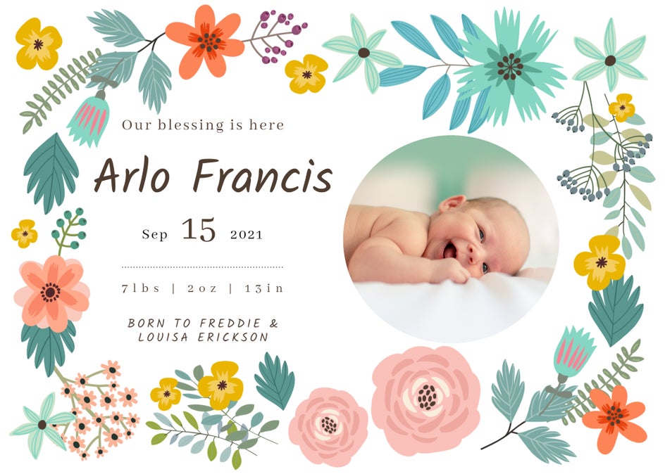 Floral design birth announcement BeFunky template