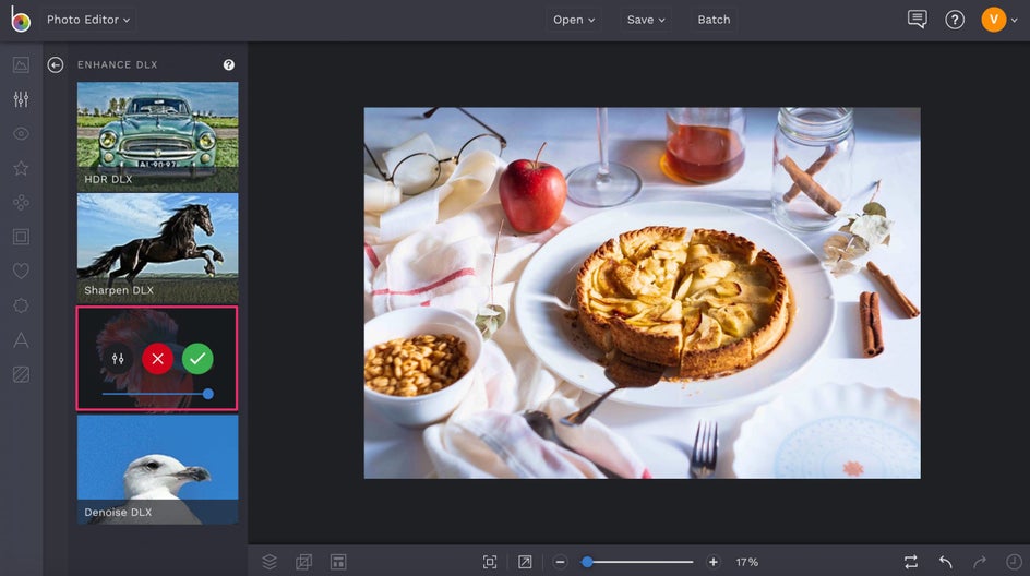 Use the Vibrant DLX enhancer to brighten food photography colors in BeFunky photo editor