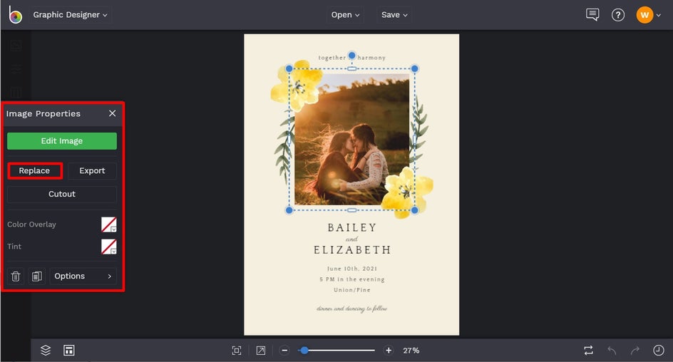 how to replace image on wedding invitation template in BeFunky