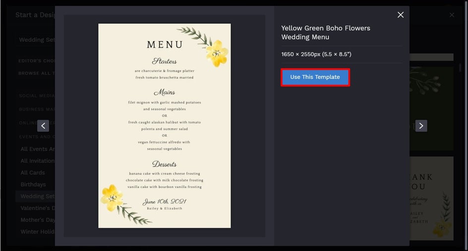 wedding menu template by BeFunky