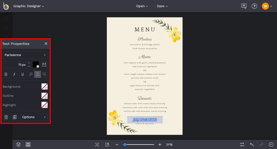 wedding menu maker by BeFunky