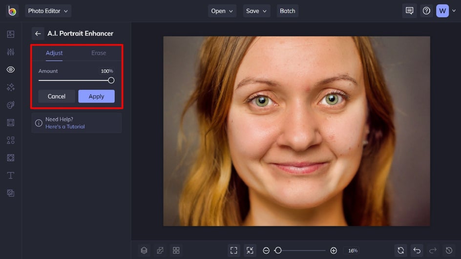 adjust a.i. portrait enhancer effect