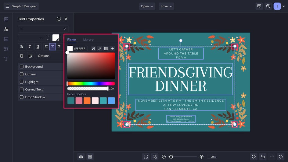 change text properties of dinner party invite