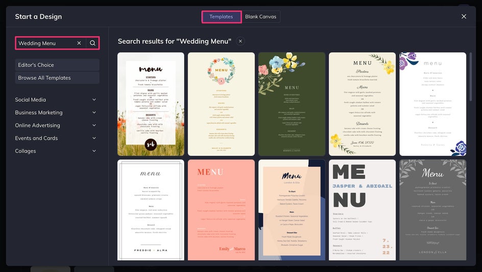 wedding menu templates