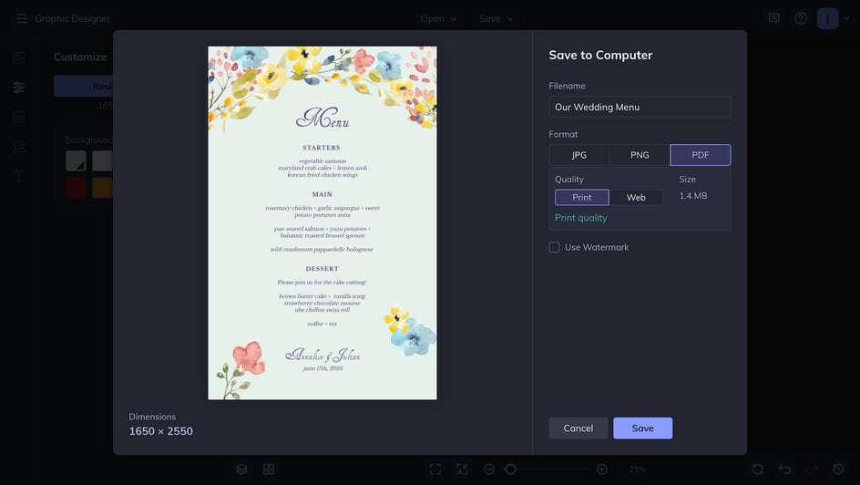 save wedding menu to computer