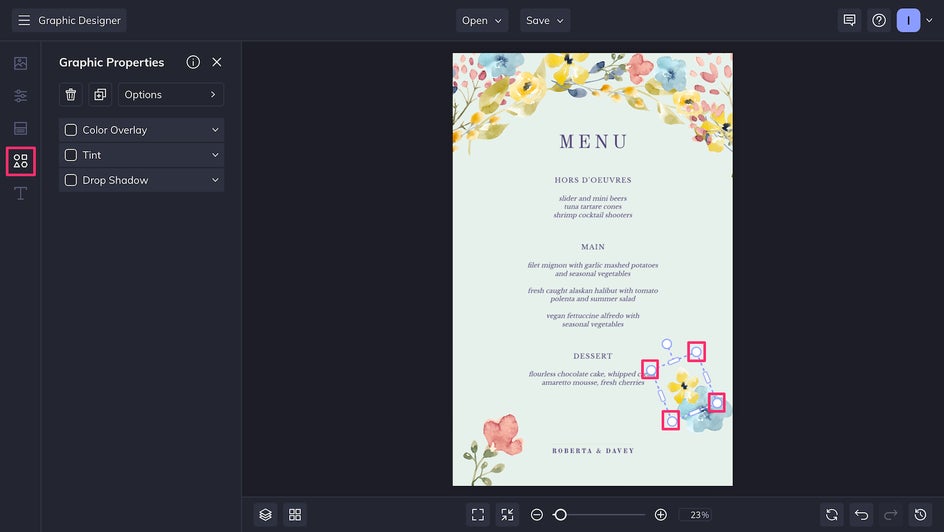 wedding menu graphic properties