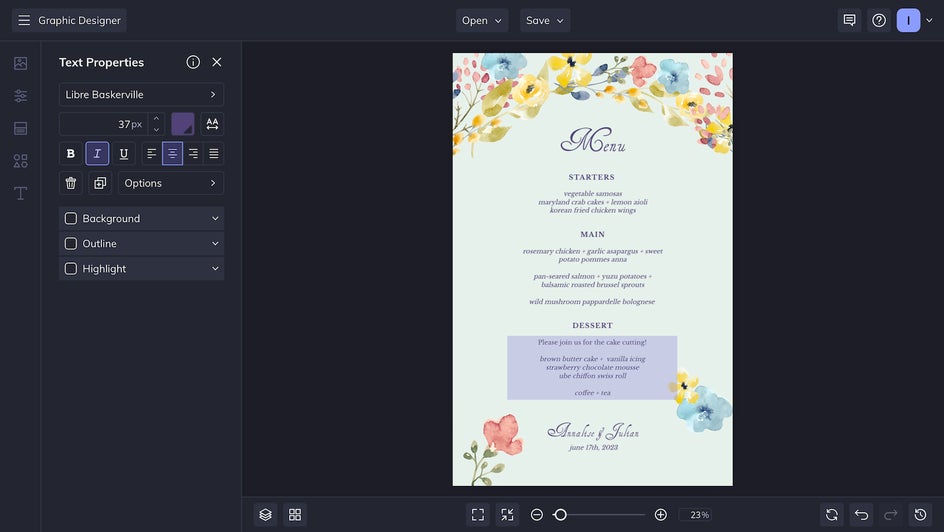 text changes for personal wedding menu