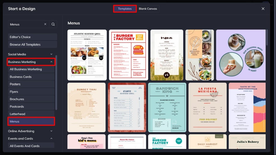 menu templates