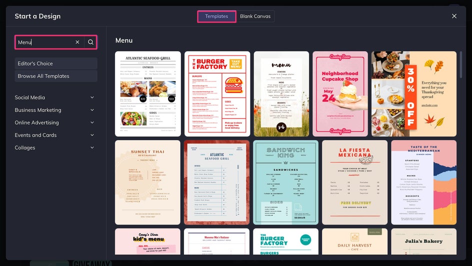 menu templates