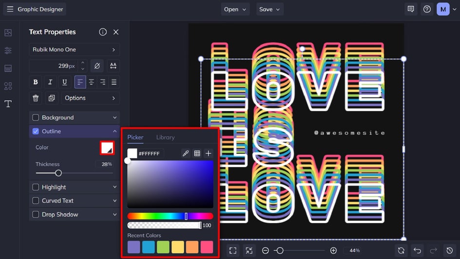 color picker outlines text