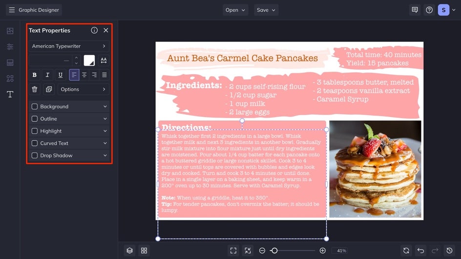 recipe card adjust text