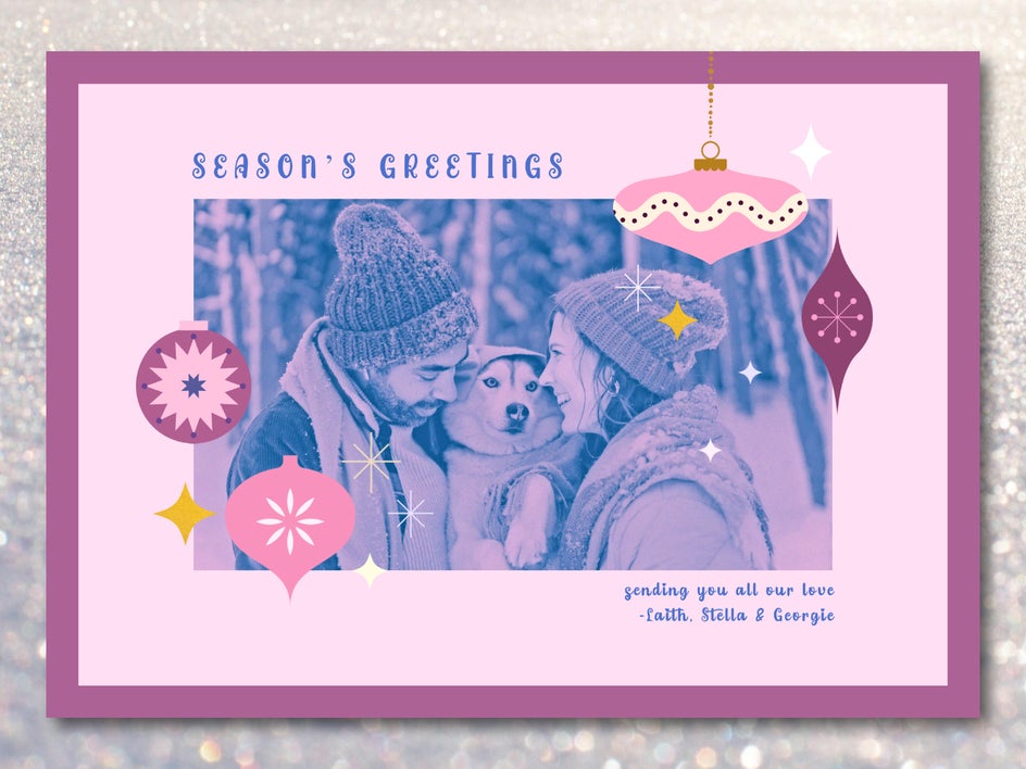 Edited holiday card for couple with dog and pink color palette