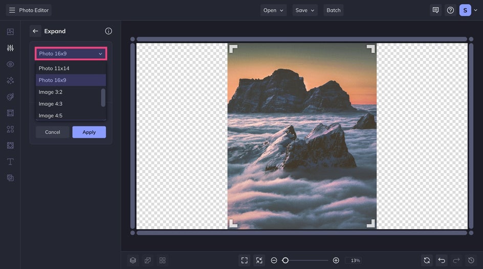 Choose aspect ratio and orientation for expanding landscape photo