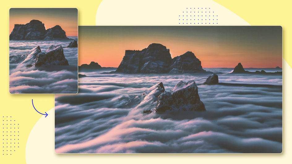 Before and After expanded landscape of cloudy mountain scene from portrait to landscape