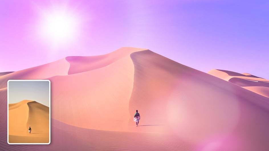 Portrait desert scene expanded with a lens flare for futuristic effect