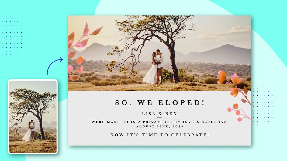 Outdoor wedding portrait to landscape for elopement announcement card