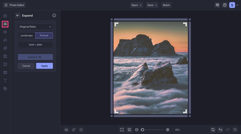Expand AI tool found in the Edit tab with hazy mountain view