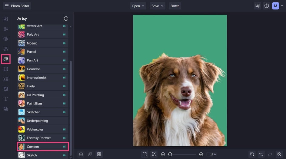 Locating the Cartoon effects in the Artsy menu