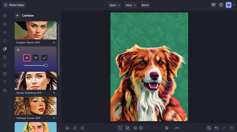 Previewing a cartoon effect on a pet portrait in BeFunky
