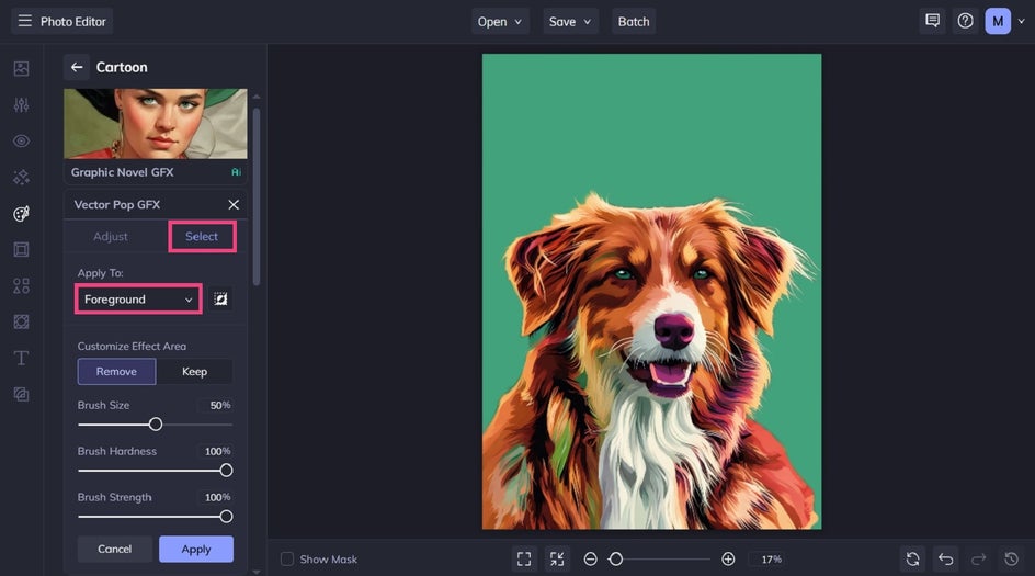 Adding cartoon effect to pet portrait foreground only 