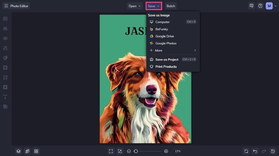 Saving a custom pet portrait cartoon in BeFunky