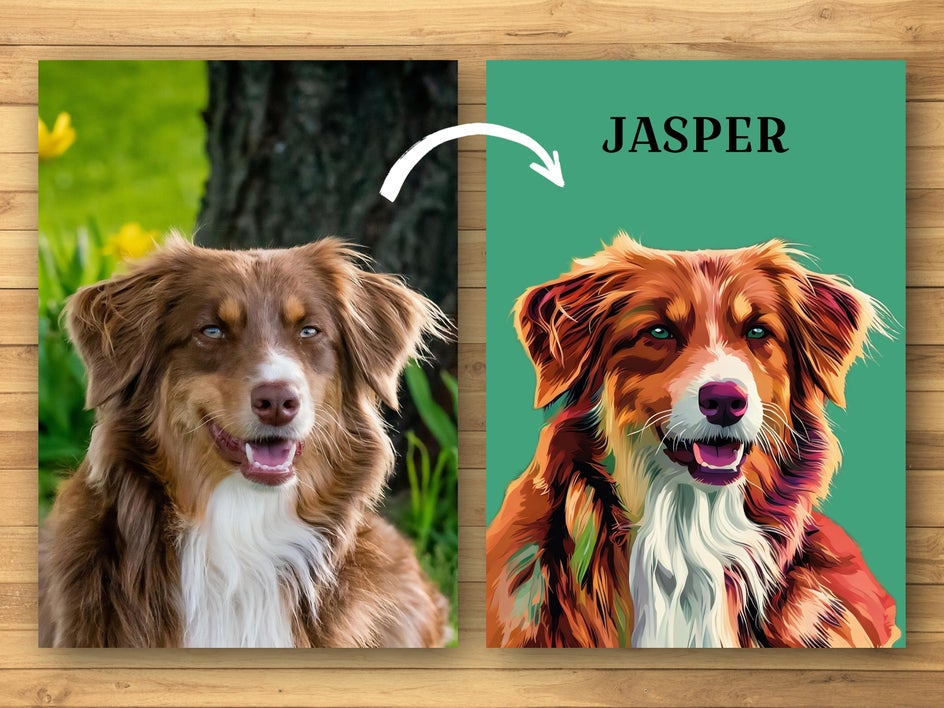 Cartoon pet portrait before and after