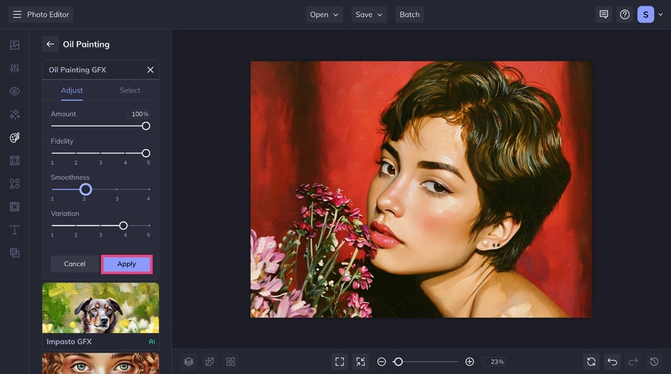 Adjust and apply the sliders for Oil Painting GFX