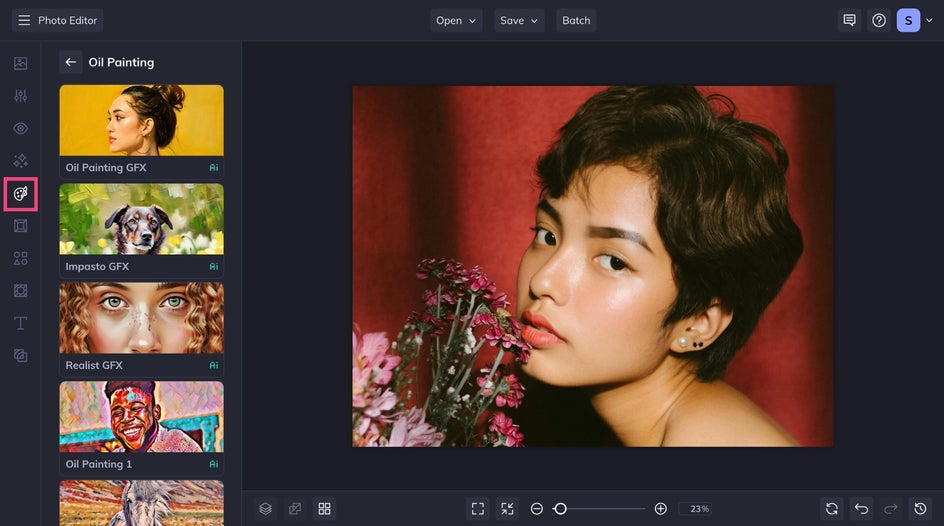 Upload a portrait to the Oil Painting category of the Photo Editor