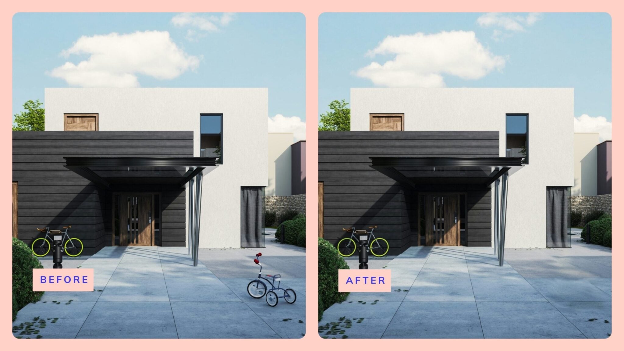 Featured image for object eraser to remove clutter in real estate photo. Before and after of tutorial example.