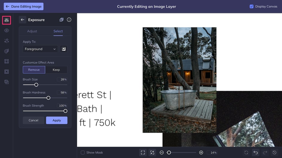Exposure tool applied to real estate listing template image