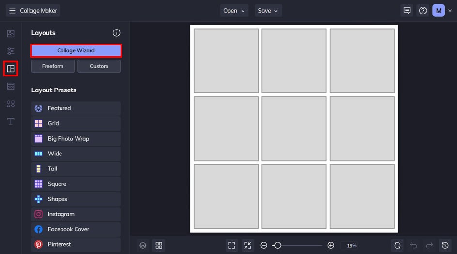 Collage Wizard located in the Layouts tab of Collage Maker