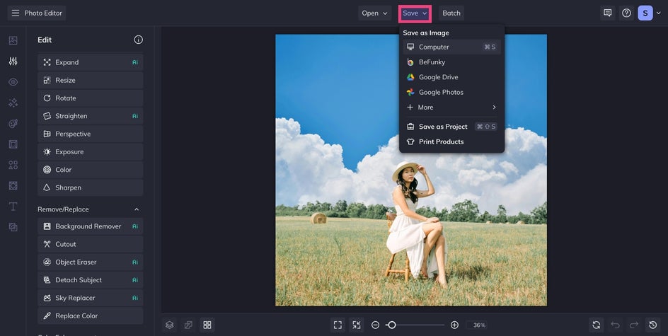 The photo is fully edited with the new sky, and the Sky Replacer panel is visible showing the “Apply” button in pink. The top navigation bar also displays the Save dropdown menu options.