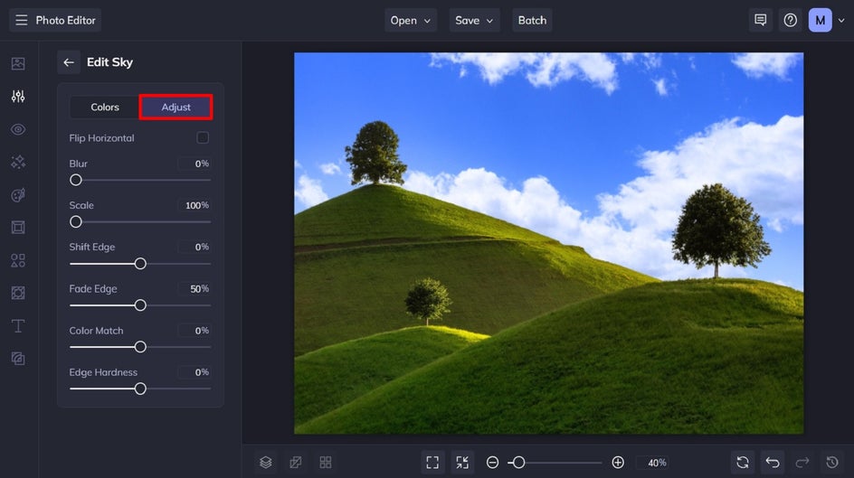Adjust tab used for changing the blur, fade, and other sky settings