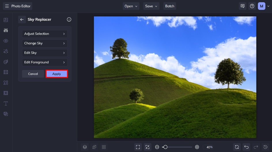 Finalized image with bright spring sky applied using sky replacer, ready to be saved