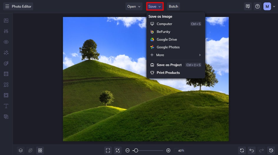 Final seasonal photo editor with the Save menu open