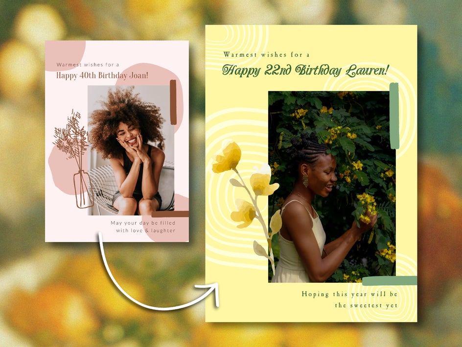 Before and After: Pink and muted birthday card customized with a summer floral theme