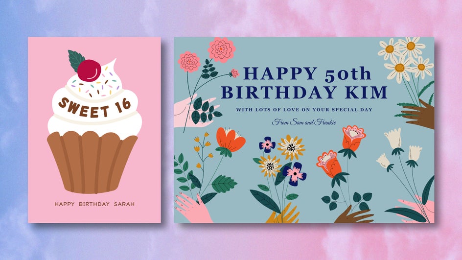 Graphic-forward birthday card templates featuring pastries and flowers