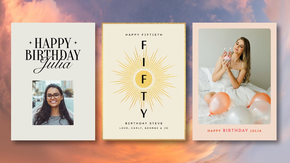 Simple and minimal birthday card templates featuring plain backgrounds with low-key text and photos