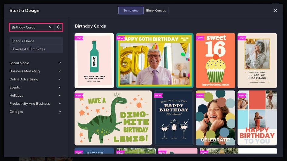 Birthday card category of the Graphic Designer templates