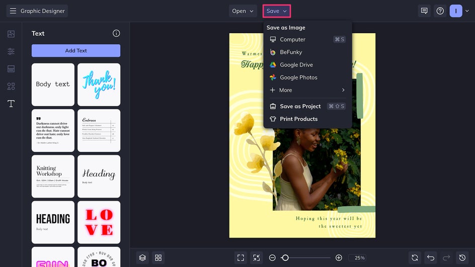 Save menu of Graphic Designer to export final birthday card