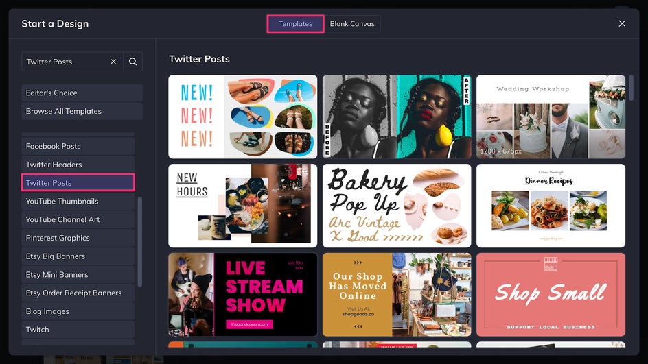Choose a Twitter template in the Graphic Designer